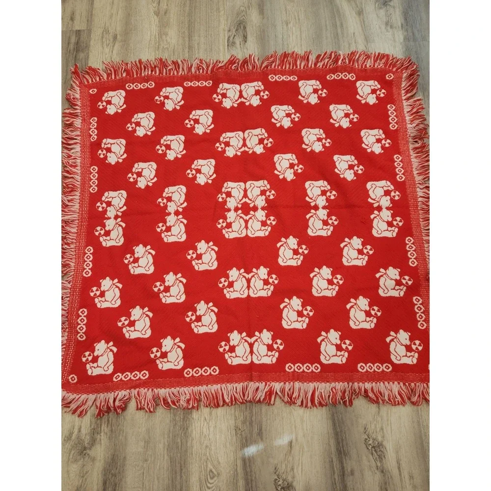VTG Lord & Taylor Teddy‎ Bear Baby Blanket Fringe Edges Red And White Reversible